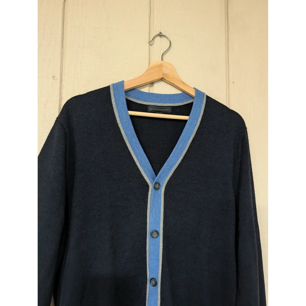 Banana Republic Extra-fine‎ Merino Wool Contrast-trim cardigan Navy Mens L